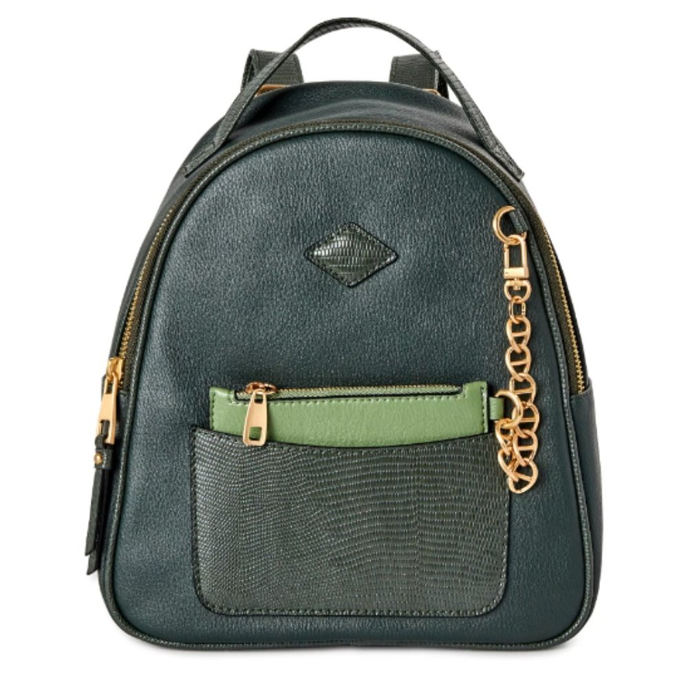 Chic Dark Green Vegan Leather Mini Backpack with Gold Chain & Reptile Texture
